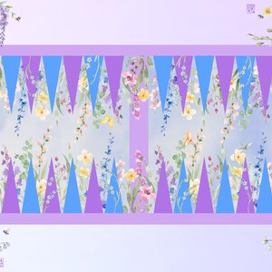 May include: A decorative backgammon board featuring a floral design with a light blue background. The board has a lavender border and alternating blue and purple triangles. Watercolor flowers and butterflies adorn the board.
