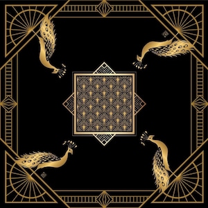 May include: A square black textile featuring a gold geometric border and four gold peacock illustrations positioned in the corners. A central square contains a repeating gold fan pattern. The design uses sharp lines and symmetrical arrangements.