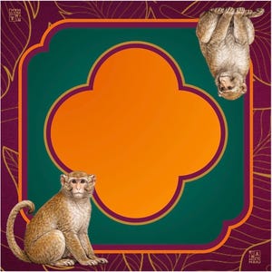 Puede incluir: Un diseño cuadrado decorativo con una forma central de cuatro hojas naranja enmarcada por un borde verde azulado y un fondo morado oscuro con detalles de hojas doradas. Dos monos están colocados en el diseño. El diseño tiene el texto "BACK TO MAHJ".