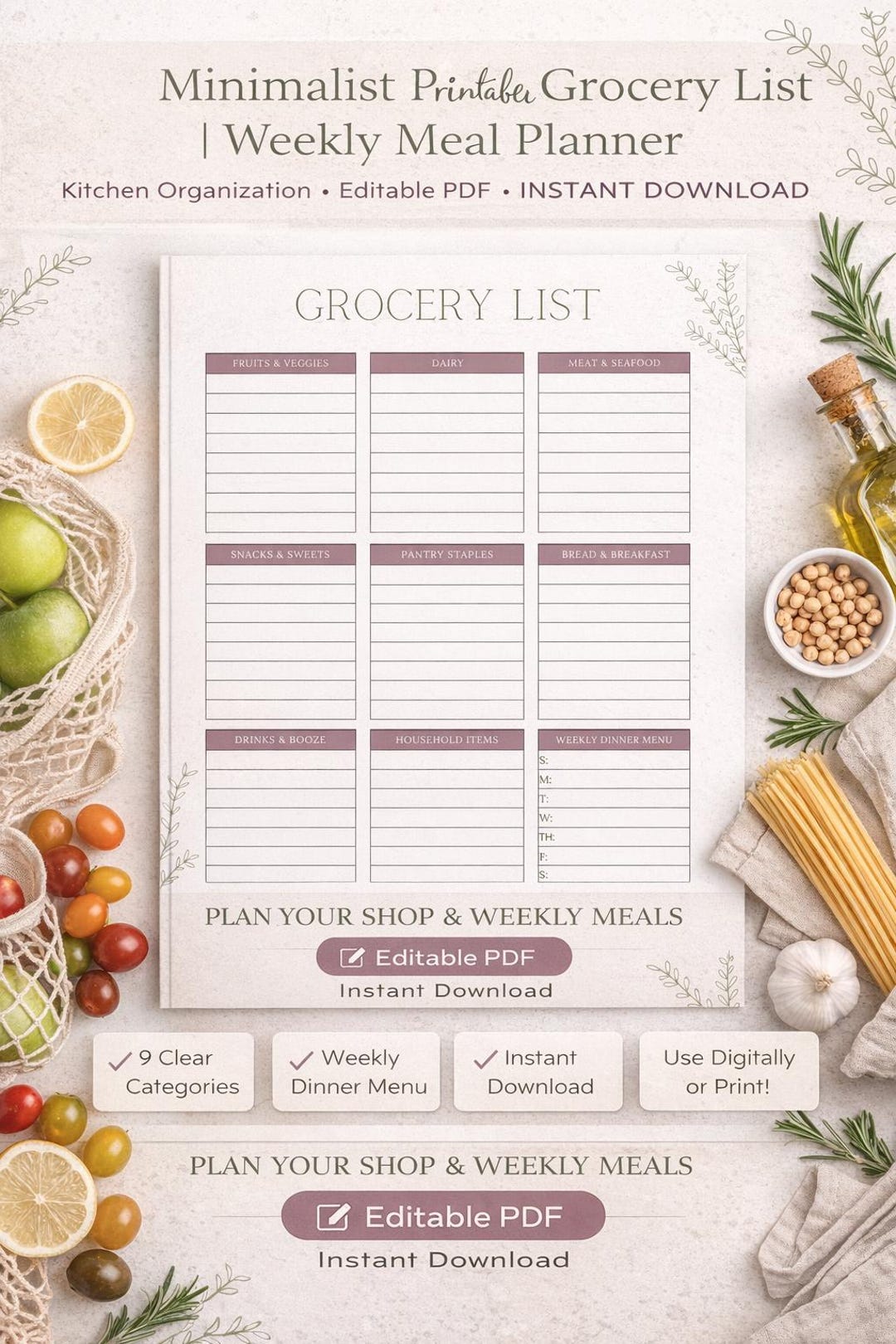 Minimalist Printable Grocery List | Weekly Meal Planner | Kitchen ...