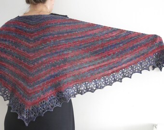 PATTERN zigzag stripe lace edge shawl/stripy triangular shawl with lace edging / stranded colorwork triangle shawl
