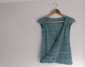 PATTERN lace knit wrap top pattern/ gathered shoulder laceweight tee knitting pattern / cross front lacy handknit tutorial