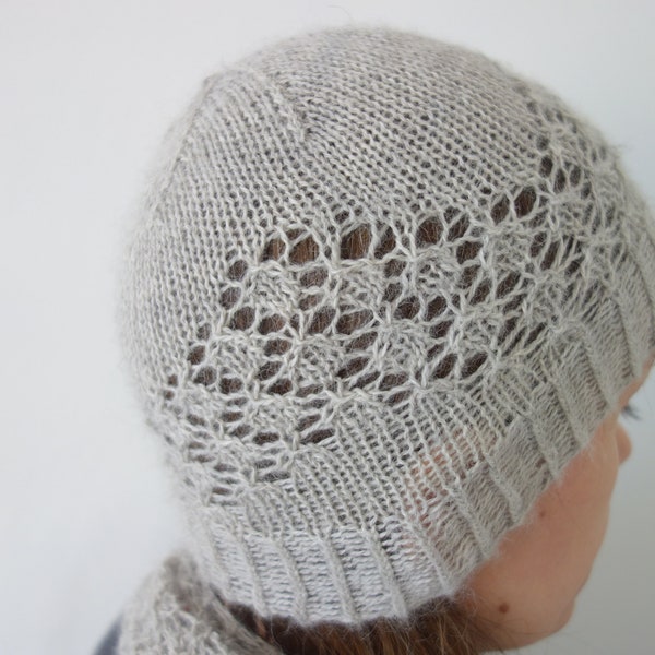KNITTING PATTERN PDF grey lace hat knitting pattern / lightweight alpaca lacy beanie / lace knit hat with charts