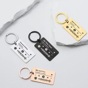 May include: Keychains in silver, black, gold, and rose gold, each with a rectangular tag featuring a music player interface and song details. The keychains display song titles and artist names, including "Karma Police" by Radiohead.