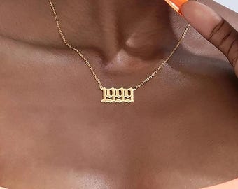 14K Solid Gold Personalized Number Necklace, Custom Year Date Necklace, Gold Lucky Number Jewelry, Mothers Day Gift for Her, Gothic Years