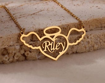 Angel Wings Name Necklace, Personalized Memorial Jewelry