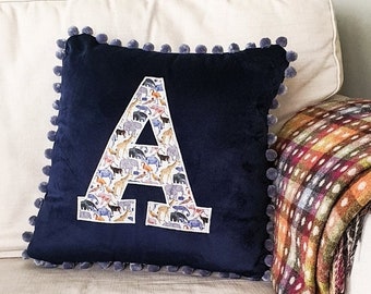 Liberty cushion, Liberty initial cushion, bedroom accessories, personalised cushion, Velvet cushion, pom pom cushion. Navy Blue Cushion.