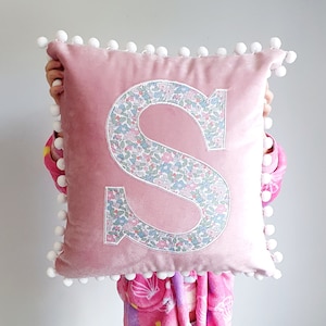 Liberty cushion, Liberty initial cushion, bedroom accessories, personalised cushion, Velvet cushion, pom pom cushion. Pink Cushions.