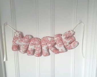 Personalised name banner, pink toile de jouy . Baby wall hanging. Baby shower gift. Baby name garland.  Nursery wall hanging. French decor.