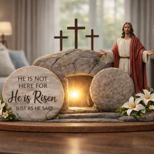 He Is Risen Easter Wooden Decor, Jesus Empty Tomb Scene, Christian Home Decor, Resurrection Display, Religious Gift, Matthew 28:6
