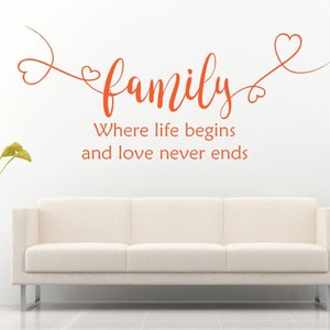 Family Where life begins and love never ends Quote, Vinyl Wall Art Sticker Decal Mural, Bedroom, Lounge. Home, Wall Decor.