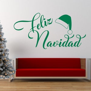 Feliz Navidad Quote - Vinyl Wall Art Sticker Decal Mural. Home, Wall, Mirror, Window Decor. Santa Claus, Elf Hat, Father Christmas