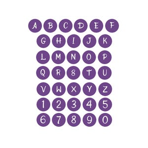 Op de afbeelding: Paarse cirkels met witte letters en cijfers van A tot Z en van 1 tot 0.