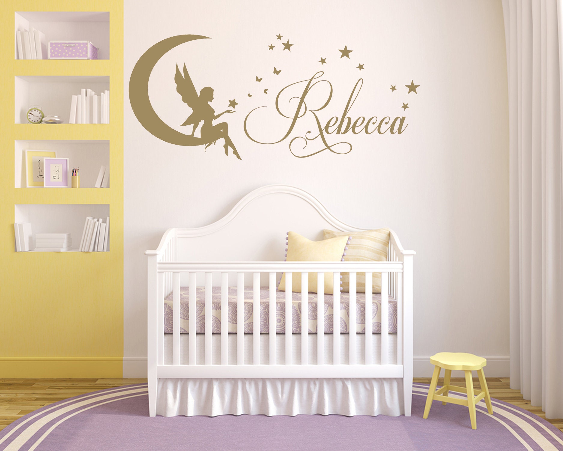 Adesivo da parete in vinile opaco con nome personalizzato, murale, con fata, luna e stelle. Per cameretta dei bambini, cameretta dei bambini, sala giochi, decorazione per porte. - Italia