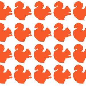 Pode incluir: Um padrão repetido de silhuetas de esquilos laranja sobre um fundo branco.