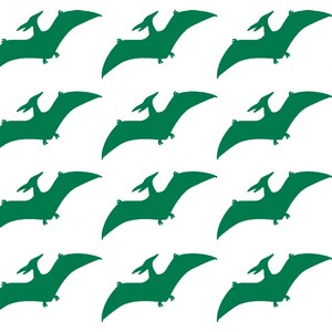 May include: A repeating pattern of green pterodactyl silhouettes on a white background.