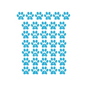 May include: A set of blue paw prints with white letters and numbers. The letters are A through Z and the numbers are 1 through 9 and 0.