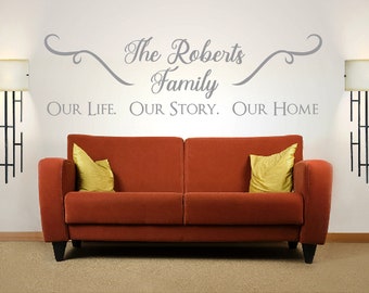 Personalised Family Name, 'Our Life. Our Story. Our Home', Vinyl Wall Art Sticker Decal Mural. Home, Wall Decor. Living Room, Hallway.