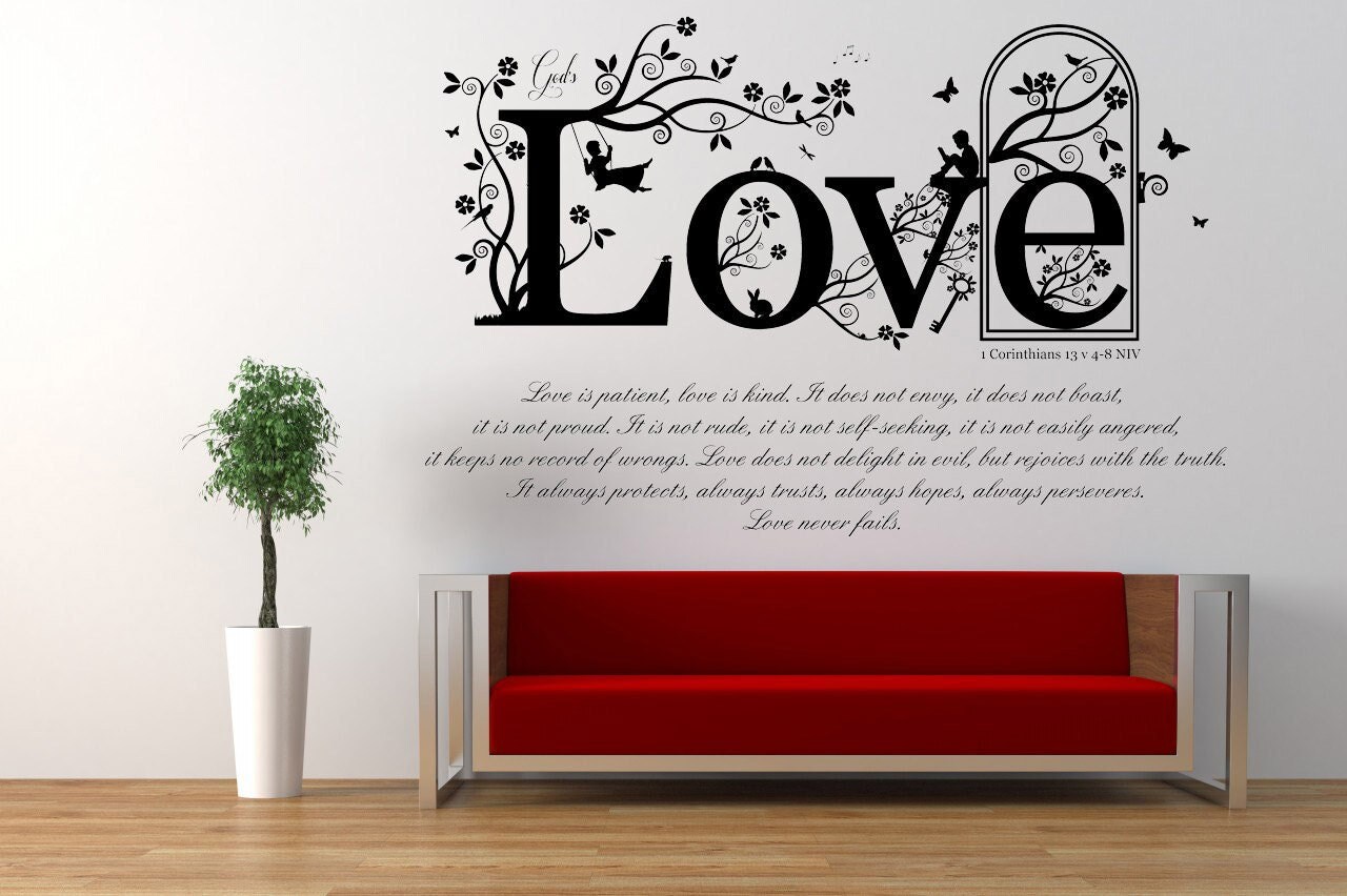 1 Corinthians 13 v 4-8 Bible Quote Vinyl Wall Art Sticker Decal Mural 120cm Wide x 77.8cm High. Church, Home, School Decor