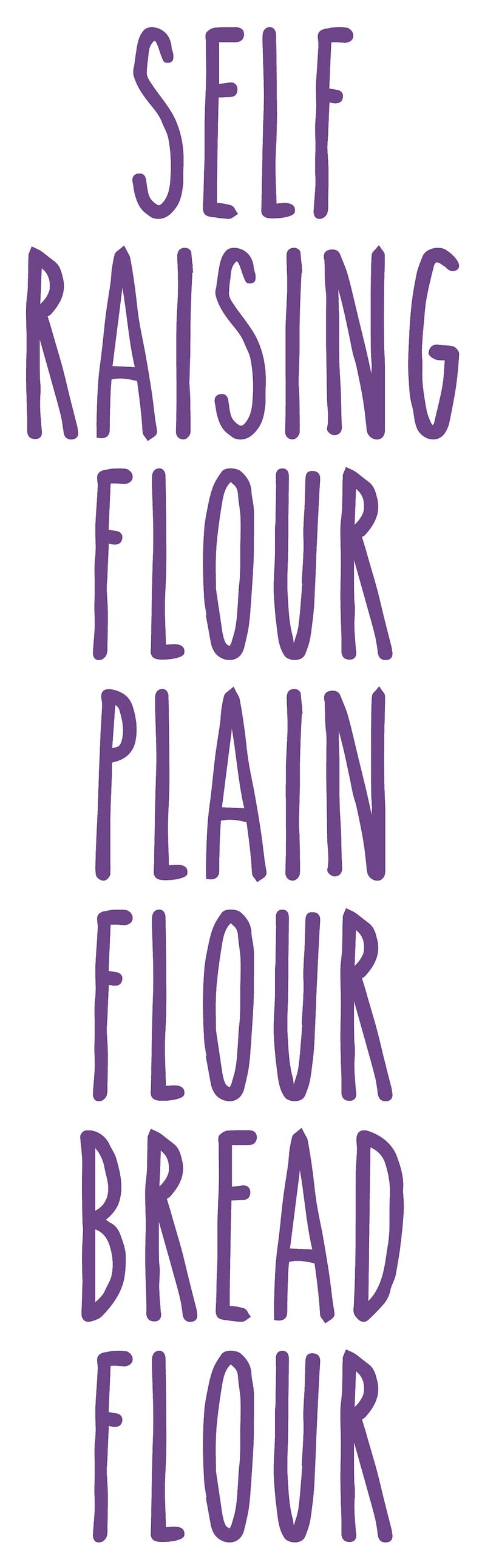 K&ouml;nnte beinhalten: Lilafarbener Text auf wei&szlig;em Hintergrund lautet "SELF RAISING FLOUR", "PLAIN FLOUR", "BREAD FLOUR" und "FLOUR".