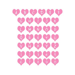 May include: Pink heart-shaped stickers with white letters and numbers from A to Z and 1 to 0.