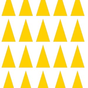 May include: A white background with twenty yellow triangles arranged in four rows of five triangles each.