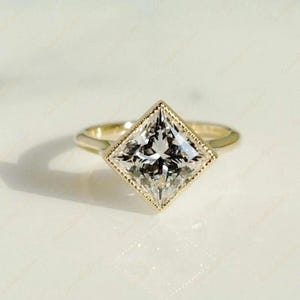 East West Princess Cut Moissanite Diamond Ring, Milgrain Bezel Set Princess Cut Engagement Ring, 14K Yellow Gold Wedding Ring Proposal Ring