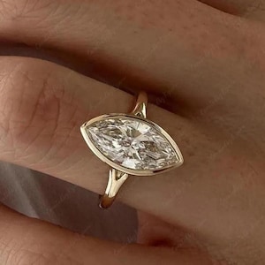 Bezel Set 3 CT Marquise Diamond Moissanite Engagement Ring Split Shank 14K Gold Solitaire Ring For Women Wedding Anniversary Gift For Her