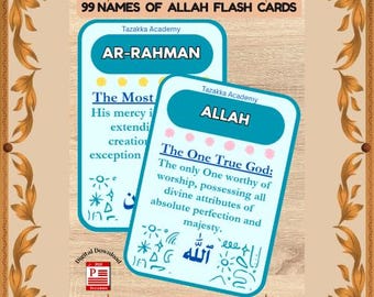 99 Names of Allah Flashcards - Asma ul Husna Digital Download - Islamic Educational Printable