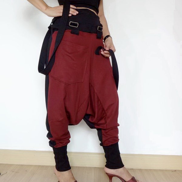 05.Maroon/Black - Ninja Pants, Suspender Drop Crotch Trousers, Unisex Gaucho , Ribbed Cotton,Two Tone Colour.