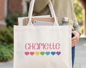 Custom Name Canvas Tote Bag, Rainbow Hearts Personalized Bag, Teacher Gift, Bridesmaid Tote, School Book Bag for Her