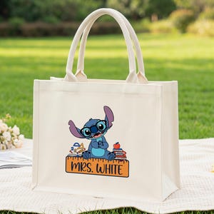 Teacher Tote Bag, Personalized Stitch Inspired School Bag, Teacher Appreciation Gift, Back To School Book Tote image 1
