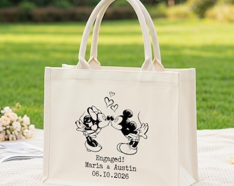 Bolso de mano personalizado de Mickey y Minnie para compromiso, bolso de lona con nombres y fecha personalizados, bolso de boda de Disney, regalo para despedida de soltera
