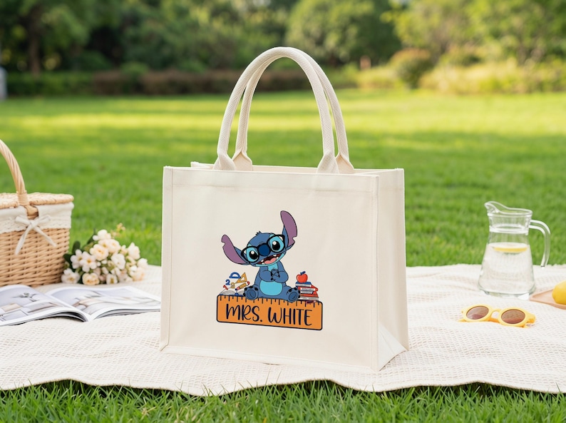 Teacher Tote Bag, Personalized Stitch Inspired School Bag, Teacher Appreciation Gift, Back To School Book Tote image 1