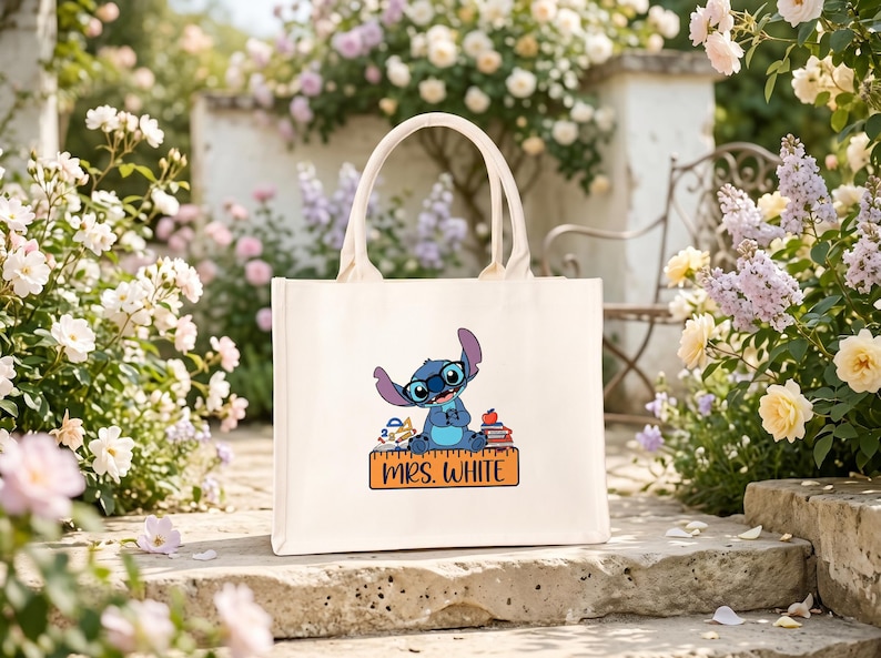 Teacher Tote Bag, Personalized Stitch Inspired School Bag, Teacher Appreciation Gift, Back To School Book Tote image 4