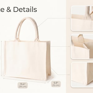 May include: A cream-colored tote bag with two handles. The bag is rectangular, with dimensions of 13.4 inches (34 cm) wide, 10.6 inches (27 cm) high, and 5.9 inches (15 cm) deep. The image includes close-up details of the bag's construction, and the text "Size & Details".