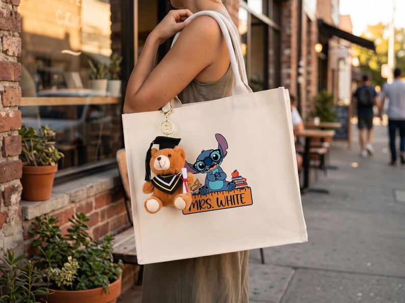 Teacher Tote Bag, Personalized Stitch Inspired School Bag, Teacher Appreciation Gift, Back To School Book Tote image 3