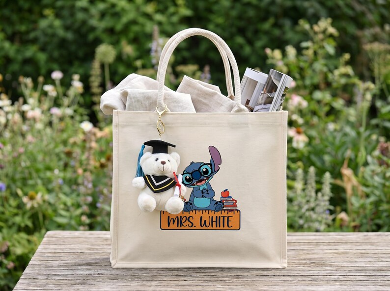 Teacher Tote Bag, Personalized Stitch Inspired School Bag, Teacher Appreciation Gift, Back To School Book Tote image 2