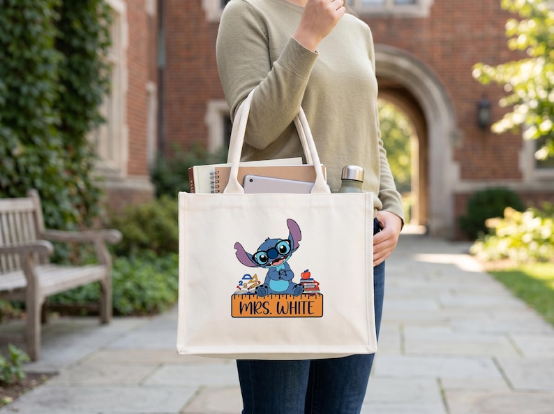 Teacher Tote Bag, Personalized Stitch Inspired School Bag, Teacher Appreciation Gift, Back To School Book Tote image 6