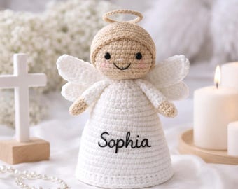 名前入りかぎ針編みの天使人形、女の子の洗礼ギフト、手作りの守護天使の編みぐるみ、洗礼の記念品