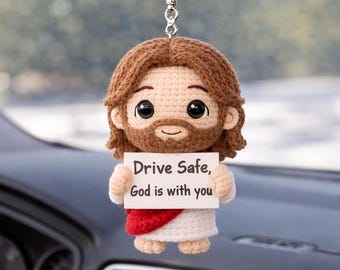 イエス・キリストの車吊り下げかぎ針編み人形 – 安全運転の車用チャーム – キリスト教の車用アクセサリー – 神のご加護を祈る車用オーナメント – ドライバーへの宗教的な贈り物