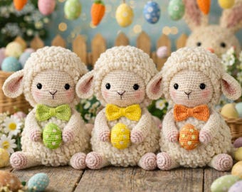 かぎ針編みのイースターラム – 卵を抱えた手作りの編みぐるみ羊 – 春のインテリア – かわいいイースターギフト