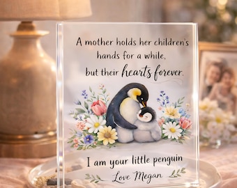 母ペンギンのアクリル製プラークギフト、娘や息子からの母へのパーソナライズギフト、ペンギンの親子のアクリルブロック、母の日ギフト