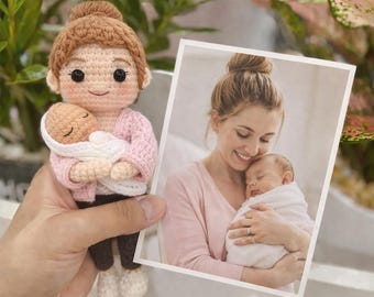 写真から作るカスタムかぎ針編みのママと赤ちゃんの人形、初めての母の日の贈り物、パーソナライズされた新米ママへの贈り物、手作りのかぎ針編み人形