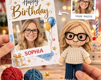 写真から作るカスタムかぎ針編み人形、バースデーカード付きパーソナライズ編みぐるみ人形、写真付きバースデーギフト、カスタムそっくり人形