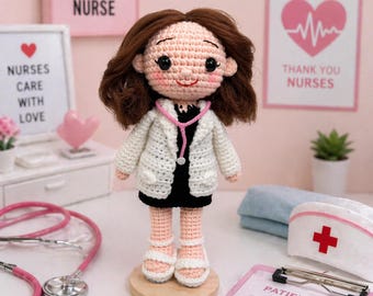 Regalo personalizado para enfermera, muñeca de enfermera de ganchillo personalizada a partir de una foto, muñeca de médico amigurumi, regalo para trabajador de la salud, regalo de cumpleaños