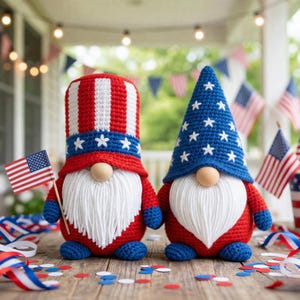 Gnomo de ganchillo del 4 de julio, muñeco amigurumi patriótico, gnomo del tío Sam, decoración del Día de la Independencia, regalo hecho a mano en EE. UU.