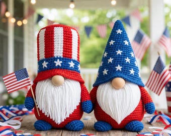 7月4日かぎ針編みノーム、愛国的なあみぐるみ人形、アンクル・サム・ノーム、独立記念日の装飾、アメリカ製ハンドメイドギフト