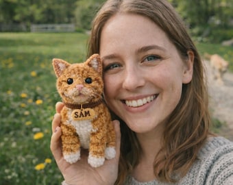 Custom Crochet Cat Doll with Name Tag, Personalized Cat Plush, Handmade Amigurumi Cat Gift, Pet Memorial or Cat Lover Gift