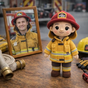 May include: A crocheted firefighter doll wearing a yellow jacket with reflective stripes, brown pants, and a red helmet with "FIRE" text. A framed photo of a firefighter is in the background. The doll is on a wooden surface.